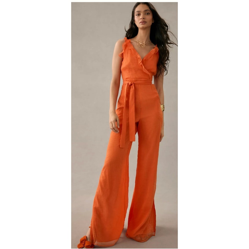 Anthropologie Hutch Orange Ruffle Wrap Wide Leg Jumpsuit Side Slit Summer